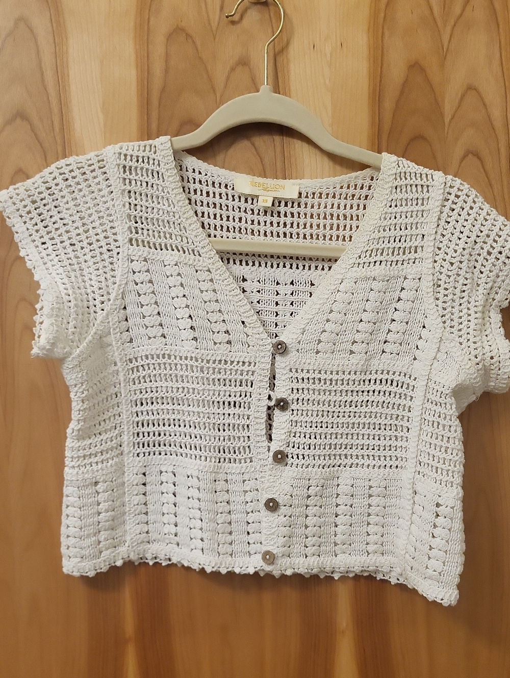 Rebellion Cream Crochet Button-Front Crop Top